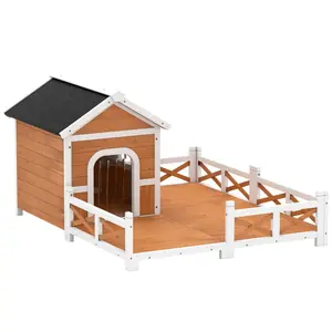 Outdoor Wooden Dog House, Dog Shelter with Large Porch, Weatherproof Openable Roof, Elevated Base, Removable Floor