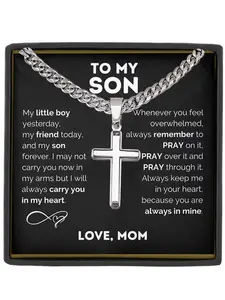 To My Son Chunky Cuban Chain Pendant Necklace, Cuban Cross Necklace, Cuban Link Chain, Includes Card & Box, Perfect for Birthday Christmas Gifts