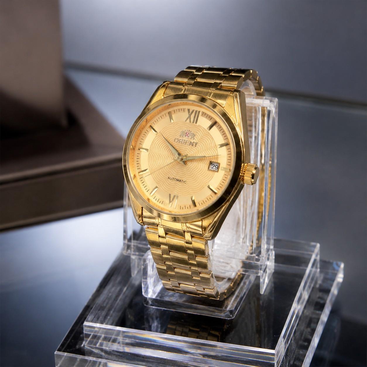 Orient Full Gold Automatic Mechanical Men's Watch - Gold Stainless Steel Strap, Textured Golden Dial with Roman Numerals & Date Window, Self-Winding Waterproof Business Dress Watch, Luxury Timepiece, Ideal Birthday Gift for Gentlemen