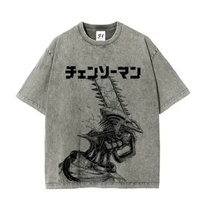 [KM 100%cotton]Denji x Reze Chainsaw Man Acid wash Anime Double Printed Vintage Washed Tee Unisex Oversize Anime Manga Heavyweight Cotton T-shirt funny