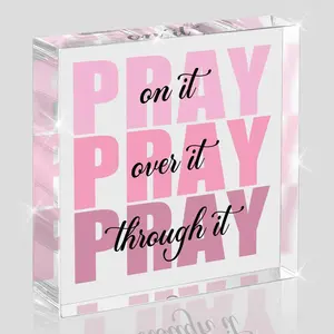 Pink Room Decor, Inspirational Christian Gifts for Women, Pink Dorm Bathroom Room Decoration, Office Decor for Women, 4 X 4 Inches Acrylic Office Desk Accessories Decoration Wall Art Sign-Pray through it