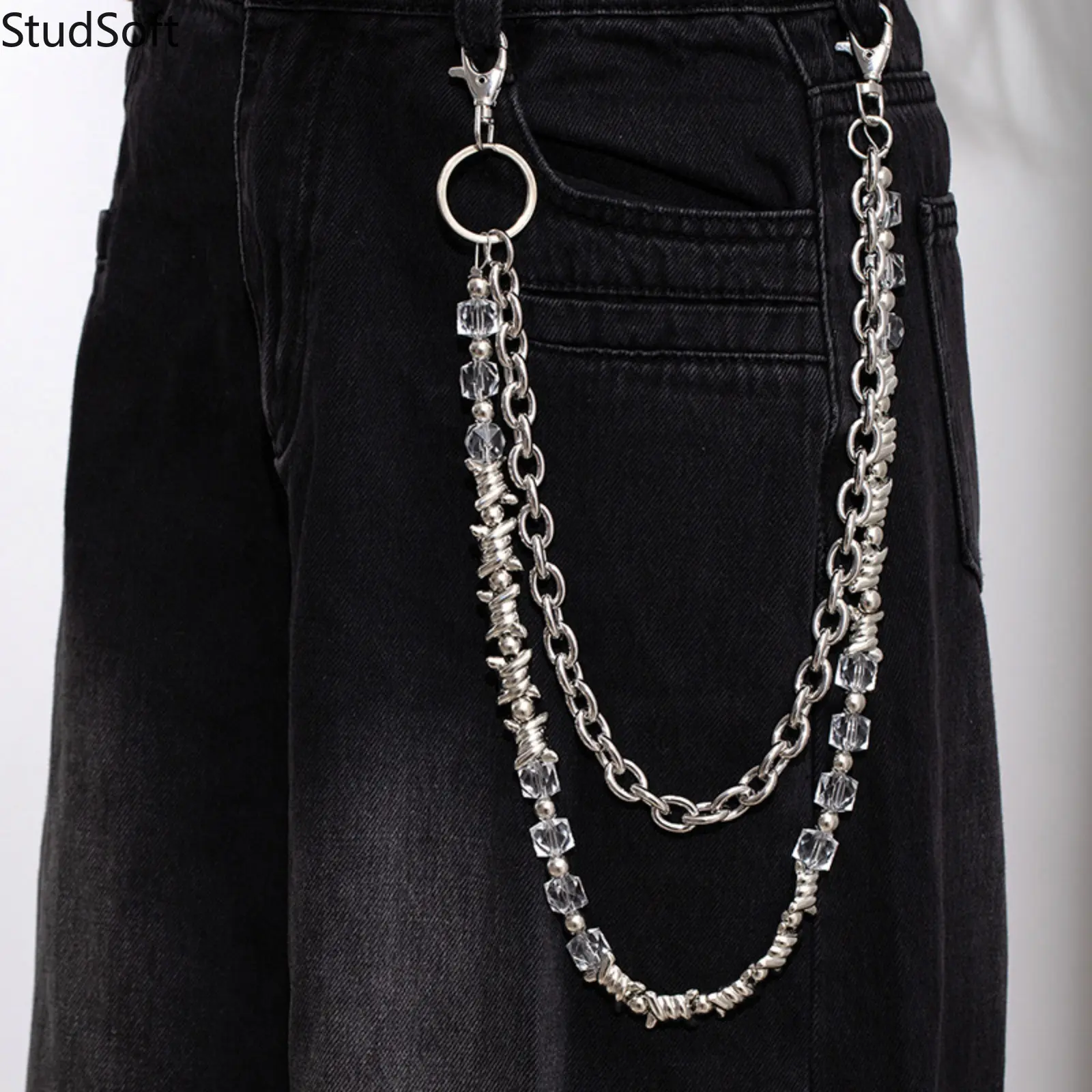 Unisex Waist Chain with Denim, Crystal & Thorn-Splice Details, Personalized Bold Streetwear Accessory for All Seasons, Unisex Bold Style