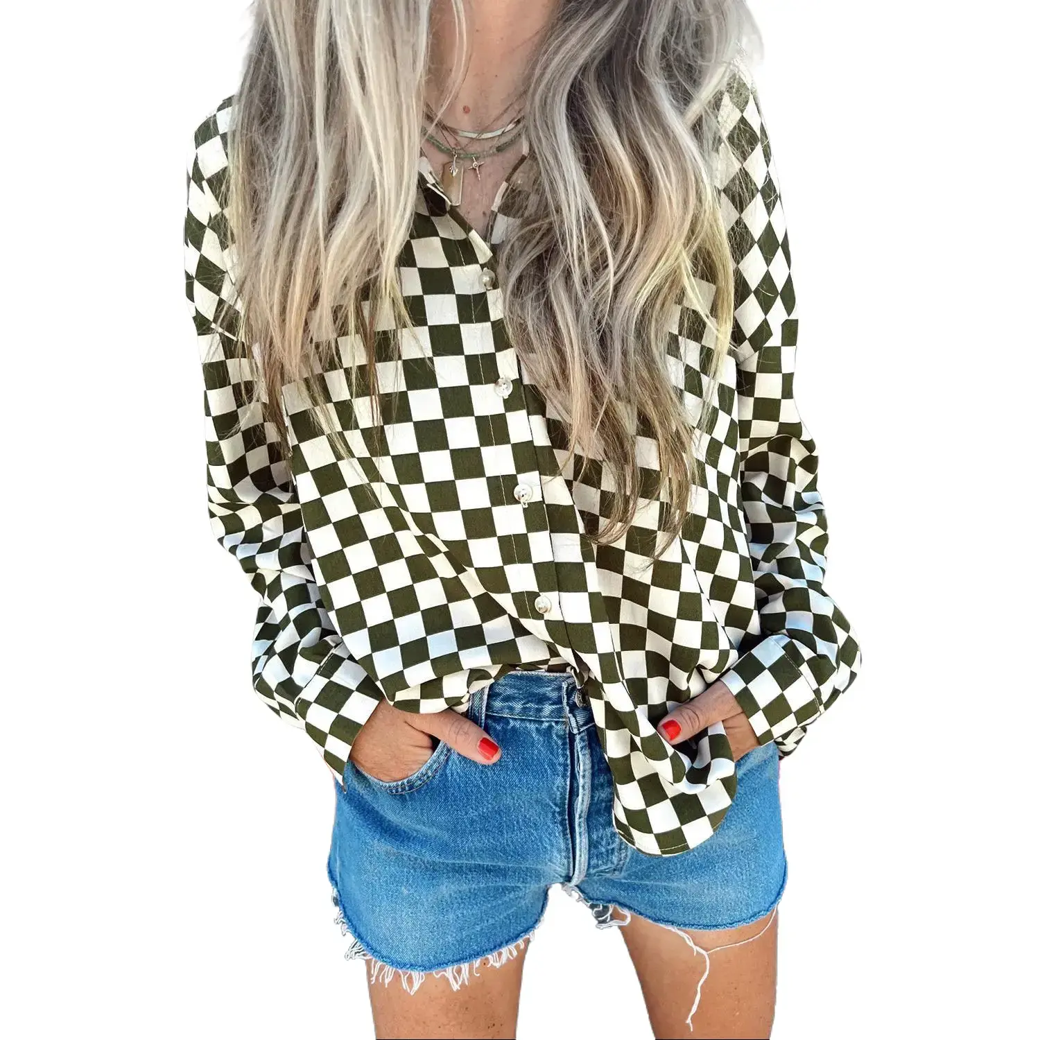 Green Checkerboard Printed Drop Shoulder Loose Casual Shirt