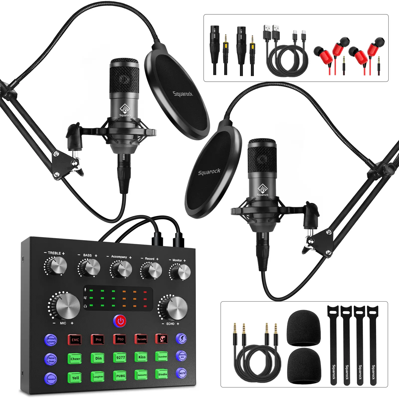 Squarock Podcast Equipment Bundle for 2, Audio Interface with DJ Mixer and Conde...