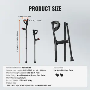 VEVOR Forearm Crutches for Adults, Folding Walking Forearm Crutches with 10-Level Adjustable Height, Lightweight Aluminum Medical Crutches with Open Cuff for Leg Injury Surgery Disabled, 1 Pair 350LBS