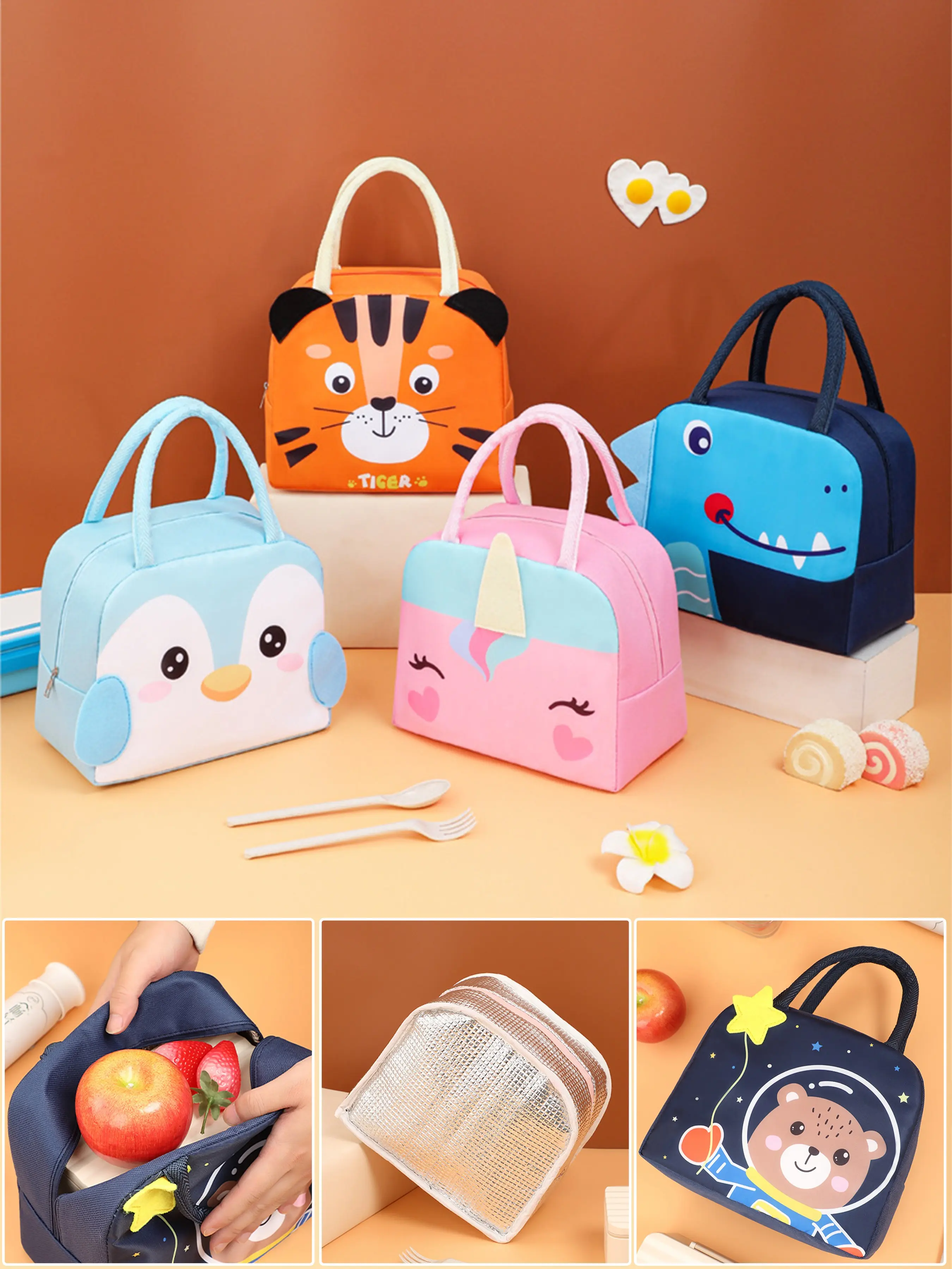 Single Pack 3D Cartoon Lunch Box Bag, Cute Handheld Insulated Food Container, Portable Bento Bag for School & Office, Cute Bento Bags