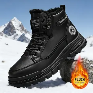 Men's Vintage Casual Fleece-Lined Snow Boots - Brown Faux Cover with Black Accents, Lace-Up Design, Thick PVC Sole for Winter & Fall, Round Toe Comfort, Everyday Winter Footwear, Winter Boots,  Style Boots, Durable Winter Footwear