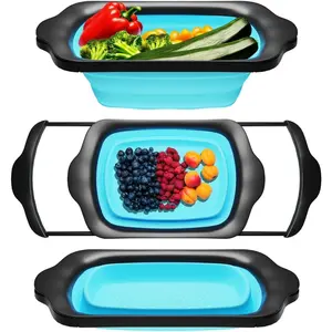 XL Large Kitchen Strainer by  - Collapsible  Over - The-Sink Colander with Extendable Handles - Use with Pasta, Fruit, Berries & Veggie - 6 Quart - Blue