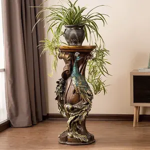Homary 32.5" Rustic Resin Peacock Plant Stand - Indoor Freestanding Planter for Home, Whimsical, Funky Room & House Decor
