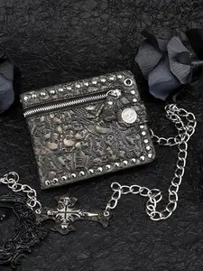 Men's Punk Style Rivet & Chain Decor Zipper Short Wallet, Casual Trendy Creative Wallet, Fashionable Wallet for Daily Use