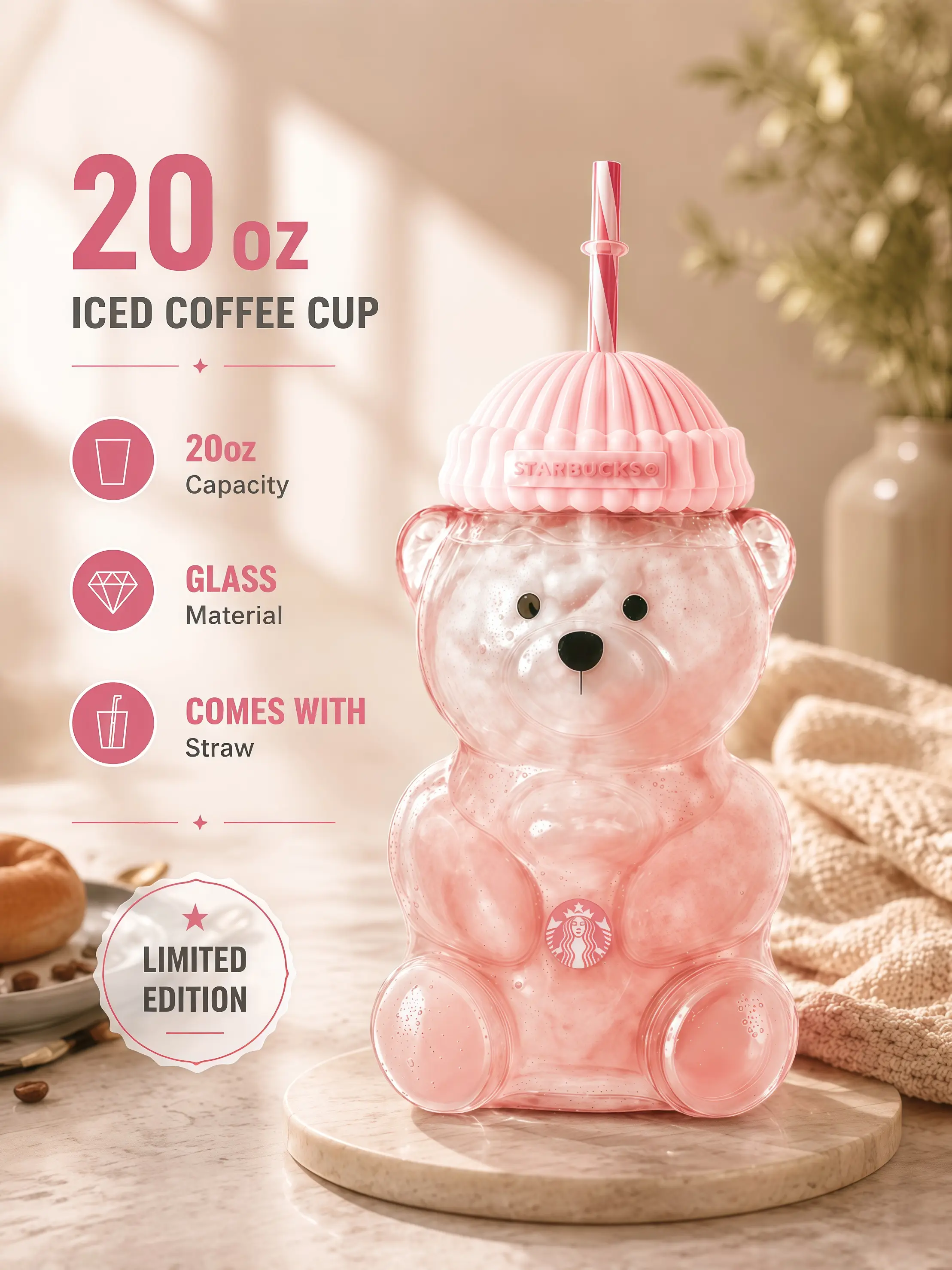Cute Bear Glass Tumbler with Straw, 20oz Pink Kawaii Cup with Dome Lid, Adorable Animal Drinking Cup for Girls, Aesthetic Iced Coffee Mug, Reusable Glass Water Bottle Gift