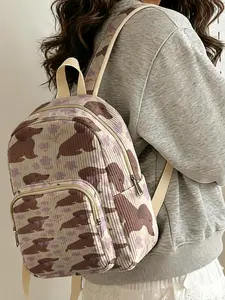 1 piece of lady's backpack with 2D printing of dachshund floral pattern, corduroy texture + layered storage + light and easy to carry | perfect for students to go to class/shopping/short trips | combines atmosphere with practicality