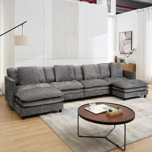 SZLIZCCC 143 inch U-Shaped Modular Sectional Sofa, Chenille Fabric 4-Seat Oversized Living Room Couch with Movable Footrest (Grey)