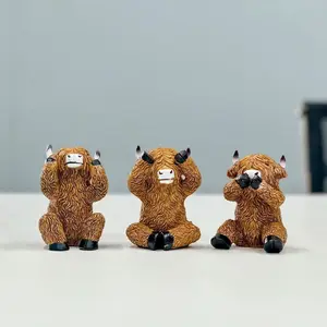 Cute Highland Cow Statues Set of 3, Resin Decorative Figurines for Home Decor, Office, Living Room, Balcony, Garden, Perfect Gift