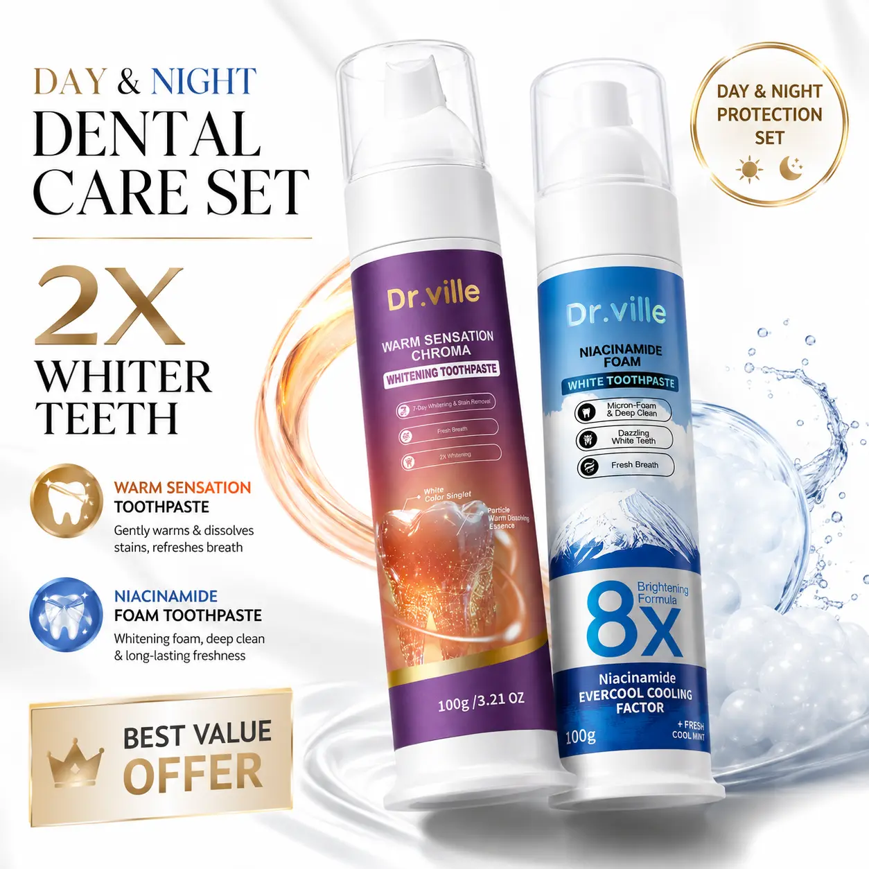 【AM & PM Toothpaste Care Set】Dr.ville Whitening Toothpaste, Warming Sensation Teeth Whitening Toothpaste, Stain Removal Toothpaste for Fresh Breath & Daily Oral Care-B