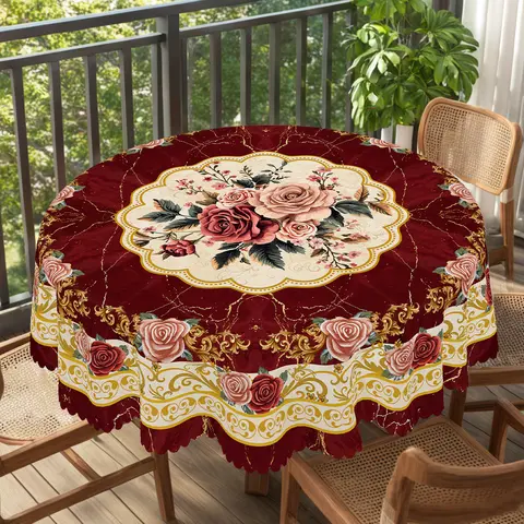 XEXSIN 1pc Rose Red Vintage Floral Marble-Pattern Tablecloth - White Back, Bohemian Farmhouse Style, Round/Rectangle, Outdoor Dining Table/Dining Room Cover, All Over Print, Kitchen Accessory, Anniversary Festive Gift, Event Styling Decor