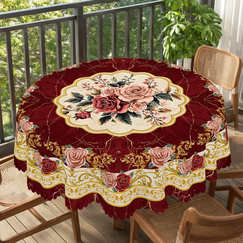 XEXSIN 1pc Rose Red Vintage Floral Marble-Pattern Tablecloth - White Back, Bohemian Farmhouse Style, Round/Rectangle, Outdoor Dining Table/Dining Room Cover, All Over Print, Kitchen Accessory, Anniversary Festive Gift, Event Styling Decor