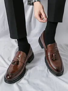 Men's Low Heel Business Casual Fashion Tassel Loafers, Stylish Formal Work Shoes, Comfortable Lace-Up Design, Perfect for Office Wear