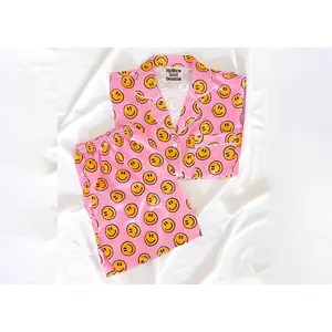 smiley face pajamas, smiley print pajamas, pink wedding pajamas,, bridesmaid, bride, birthday girl pajamas, smile pajamas, smile