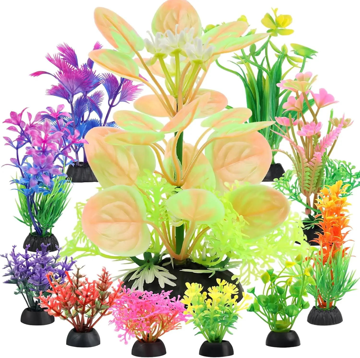 11-Count Synthetic Aquarium Decorations - Different Styles Plastic Colorful Grass (2 Inches to 5.5 Inches) for Fish Tanks, Goldfish & Turtle Tanks, Creates Beautiful Underwater World