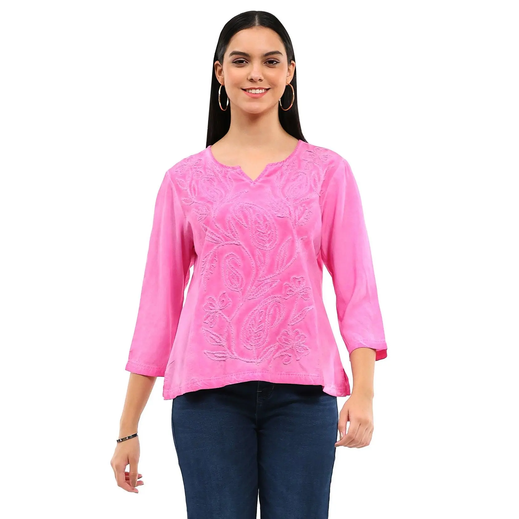 TOP *MISSY* BLUSH SADIE ACID WASH VNECK EMBOSSED 3/4 SLEEVE