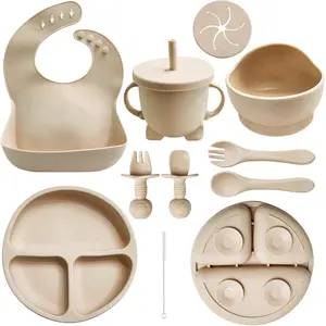 VVH Baby Led Weaning Supplies |   10 Piece Silicone Baby Feeding Set |   Baby Toddler Bib Cup Divided Plate and Bowl Self Feeding Spoons Dish Set |   Baby Utensils |   Toddler Feeding Supplies (Cream)