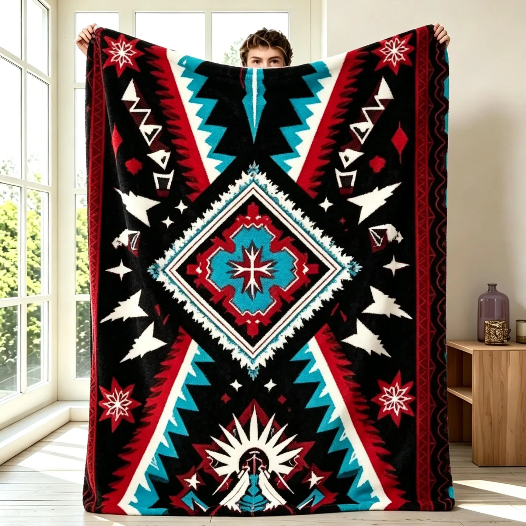 Large Native American Tribal Print Blanket Throw - Traditional Southwestern Western Decor Boho Blanket with Bold Diamond Star Pattern, Turquoise Accent, Red Black White Design for Home Decor, Couch, Cultural Display