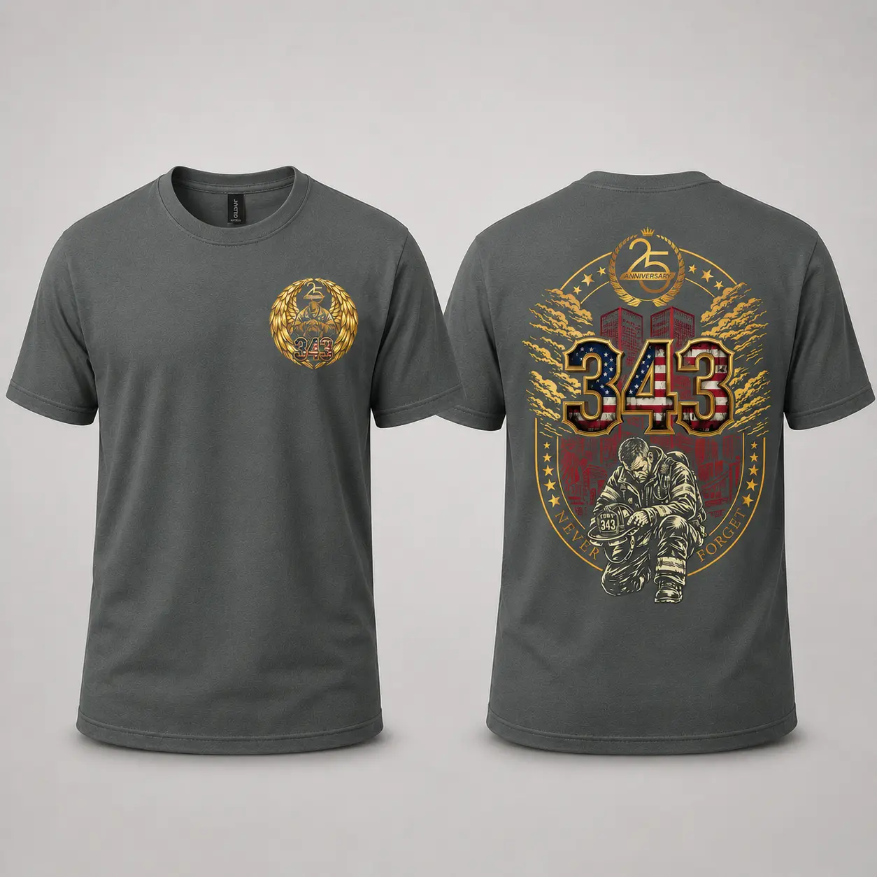 Men’s 343 Fallen Firefighters 25th Anniversary Short-Sleeve Graphic T-Shirt, Never Forget 9/11 Memorial Tribute Tee
