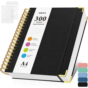 Dotted Journal Spiral Notebook 300 Pages Leather Notebook 120GSM Thick No Bleed Through Paper A4 Large Dot Grid Notebook for Women Men Work Writing 8.5" x 11" Black