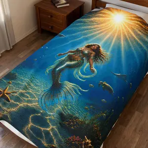 Sunrise Mermaid Velveteen Plush Blanket — Underwater Sunlit Ocean Scene