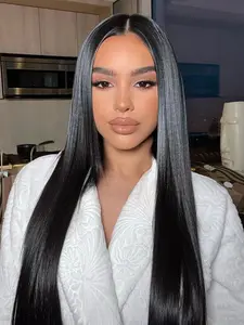 Middle Part Human Hair Black Straight Wig 5x5 Glueless Lace Wig,20-28 Inch Black Long Wig,  Pre-Cut Lace Hairline– Ready to Wear, Everyday, Party & Casual Wear for Women