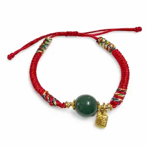 Natural Hetian Nephrite Jade Bead Bracelet with Gold Fu Charm – Red String Adjustable Lucky Bracelet | Yuora
