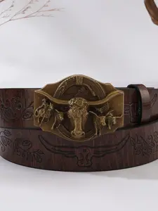 New Bull Head Carved Belt Vintage Western Cowboy Leather Belt for Men, Cowboy Waist Belt, Floral Rivet Ethnic Style, Unique Personality Design, High Quality Buckle