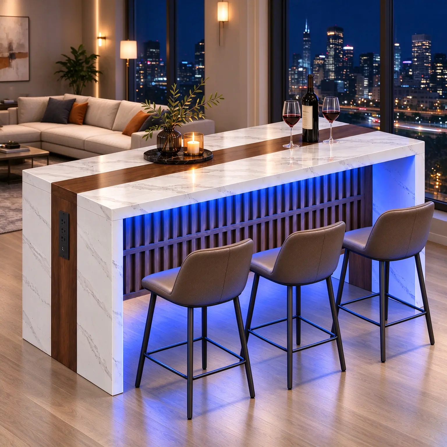 71" Large Faux Marble Kitchen Island Table with LED Lights & Power Outlet, 6-Person Modern Dining Table with Fluted Grille Design, Freestanding Counter Height Island for Kitchen, Bar, Dorm Essentials