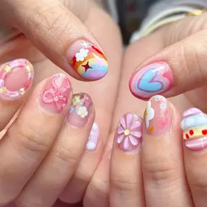 24pcs Nail Art Set, DIY Nail Art, Rainbow Clouds & Small Flower Bow Design, Short Round Nails for Unique Style, No Glue Needed