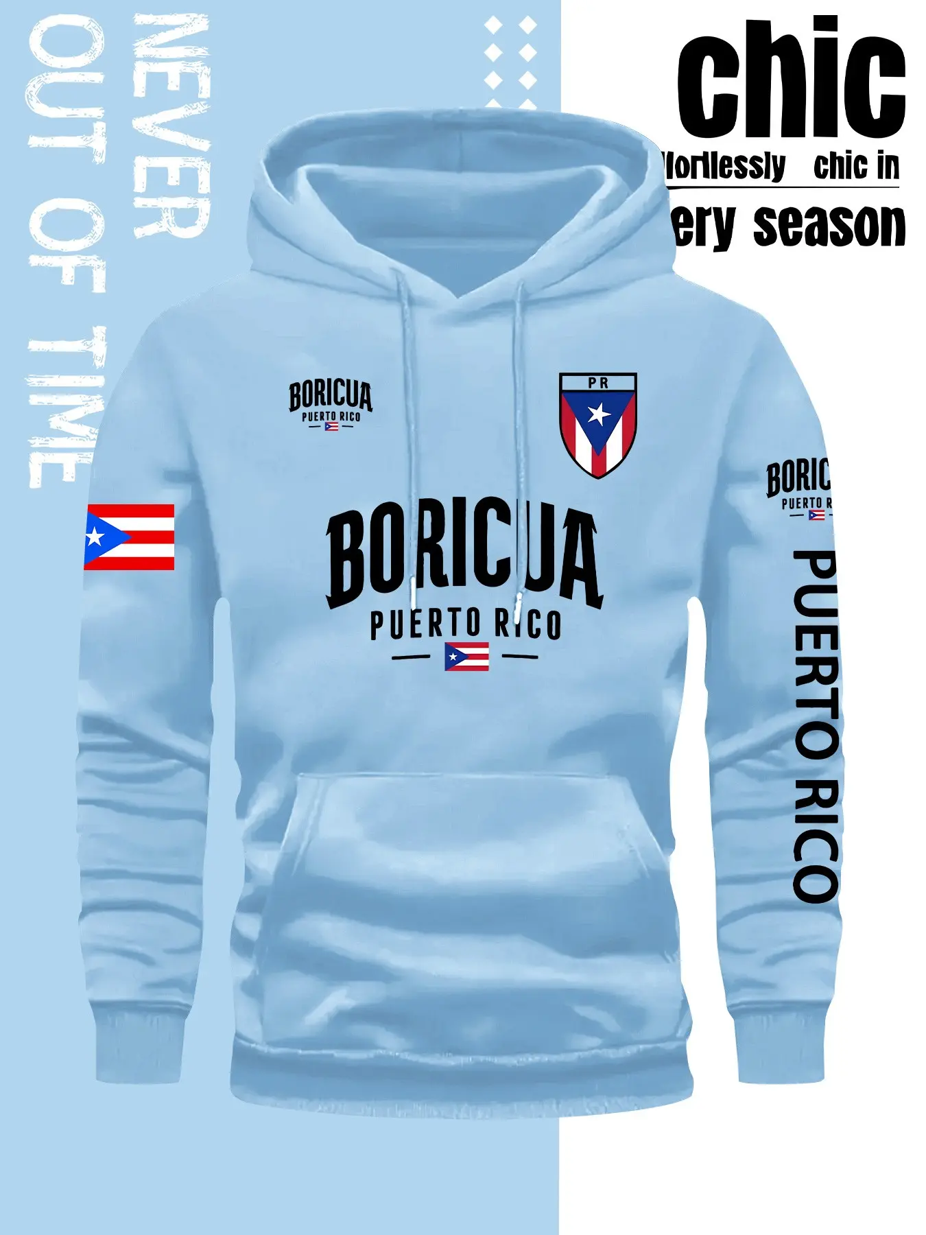 Men's Puerto Rican Geometric Print Fitted Hoodie Sweatshirt, Casual Hooded Sweatshirt, Long Sleeve Pullover, Front Pocket, Fall & Winter Aesthetic Streetwear, Comfortable Casual Fashion