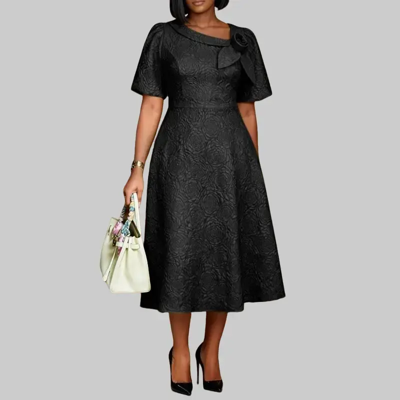Women's Plus Size Formal Jacquard A-Line Short-Sleeve Dress - 3D Flower Bubble Sleeves, High Waist, Lady Evening Wear Womenswear Casual