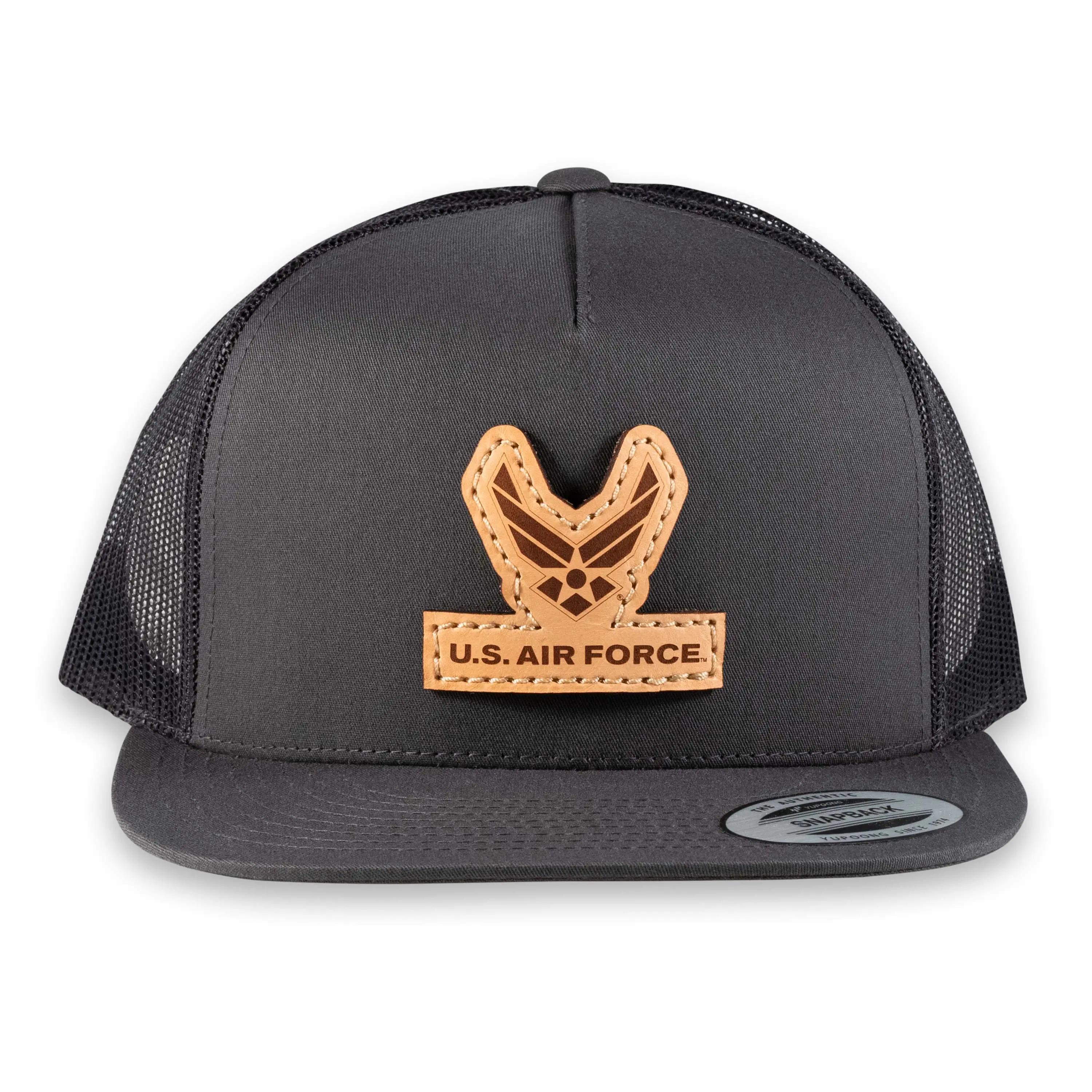 US Air Force Signature Logo Five-Panel Classic Trucker Hat with Leather Patch - Officially Licensed