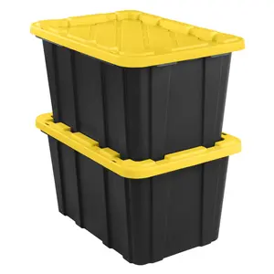 Sterilite 27 Gallon Industrial Tote, Rugged Plastic Storage Bin, Snap-on Lid, Black/Yellow, 6 Pack