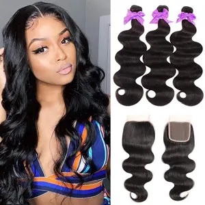 MDL Body Wave Bundles with Closure Human Hair Brazilian 3 Bundles with 4X4 Lace Closure Natural Color (14 16 18+12)