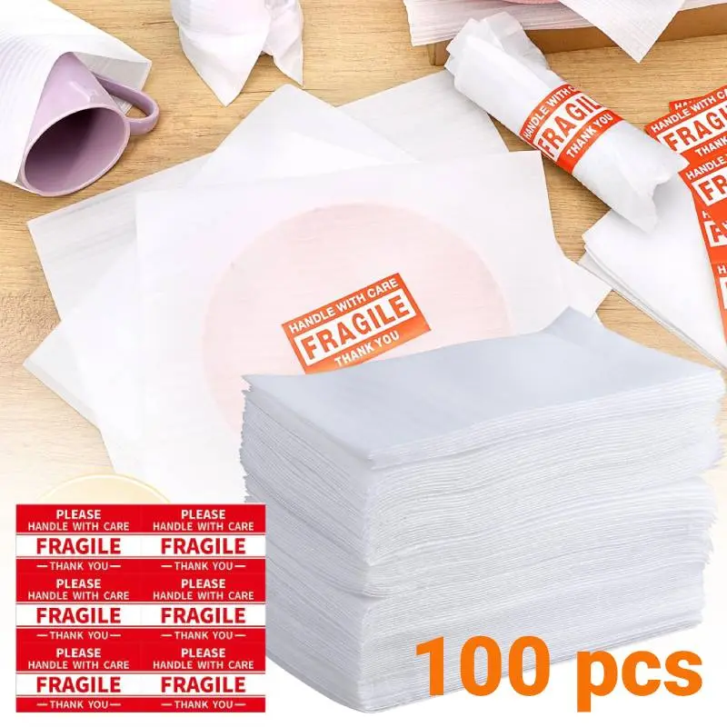 100-Pack White Foam Pouches with 300 Fragile Stickers Labels, 7.87”x 11.81" | Protective Cushioning Foam Wrapping Bags for Packing Fragile Items, Dishes, Plates & Smartphone Screens | Bubble Shipping Pouches