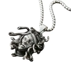 Vintage Medusa Snake Goddess Couple Pendant Necklace, Gothic Mythological Statue Jewelry, Unisex Matching Lovers Necklace for Easter Halloween Birthday Party Festival Gift