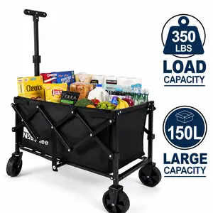 Black All-Terrain Portable Mini Shopping Wagon Cart - 350Lbs Capacity, 150L Folding Utility Cart with Wheels, Collapsible Grocery Wagon for Beach, Camping, Outdoor Sports & Hunting Use