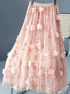 Elegant High-Waisted Mesh Midi Skirt, 3D Flower Applique, Flowy A-Line Design, / Casual Dress, Wedding Party Skirt