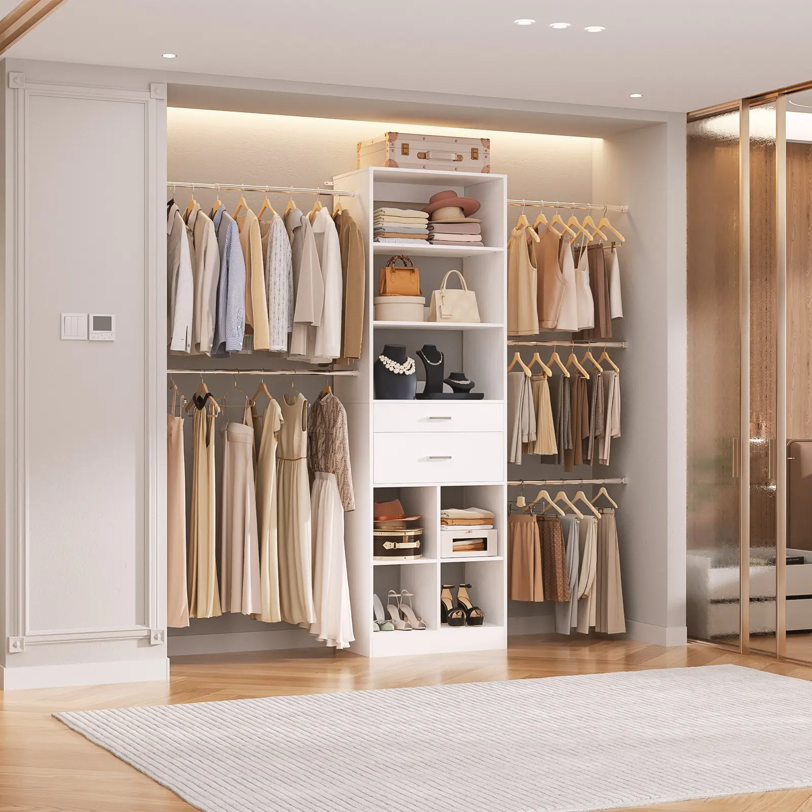 66''-100'' Adjustable Walk-in Closet Organizer with 5 Hanging Rods and 2 Drawers, Morden Closet System with Storage Shelves and Cube Storage Organizer Wooden Freestanding Wardrobe Modern Armoire Wardrobe White Wardrobe Cabinet