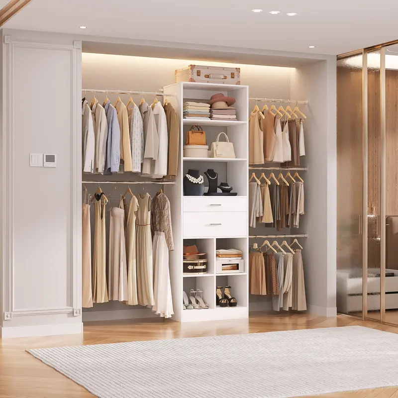 66''-100'' Adjustable Walk-in Closet Organizer with 5 Hanging Rods and 2 Drawers, Morden Closet System with Storage Shelves and Cube Storage Organizer Wooden Freestanding Wardrobe Modern Armoire Wardrobe White Wardrobe Cabinet,dorm essentials,home decor