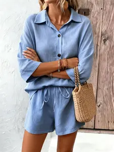 Spring Summer Women's Plain Button Front Short Sleeve Shirt and Shorts Set, Outfit, Loose Fit, Breathable Fabric, Casual Elegant Style