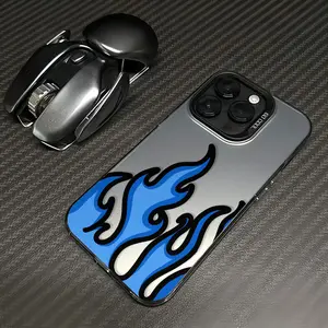 Hand drawn black border blue flame fashionable TPU laser process iPhone phone case 17 16 15 14 13 12 11 Samsung Galaxy S25 S24 S23 S22 anti drop protection