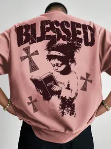 Blessed Oversized Graphic Tee Fitted Unisex - Y2K Grunge Streetwear Short Sleeve, Vintage Cross & Reading Girl Design - American Retro Aesthetic Top, Essential Everyday Streetwear