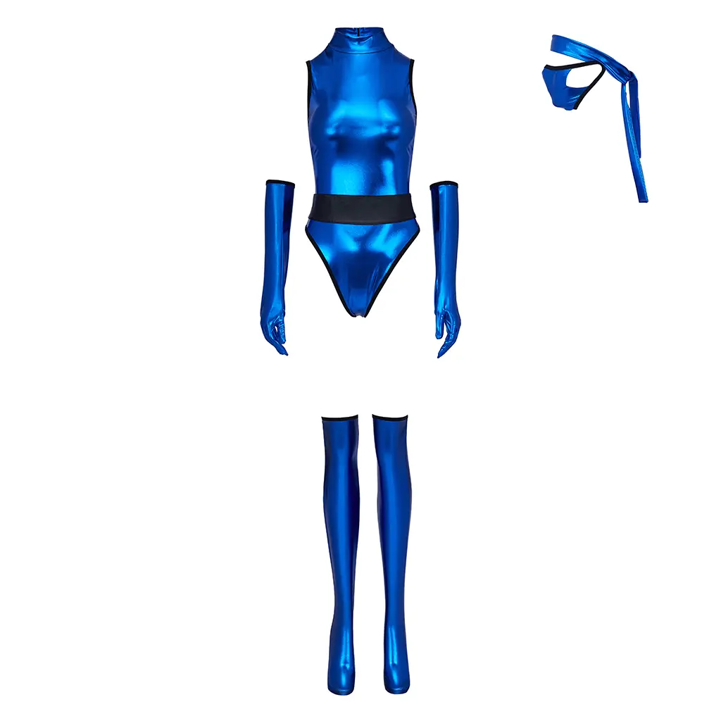 Women's Fitted Plain Blue Blade Costume Set - Polyester Lightweight Fabric, Crew Neck, Button, Knot, Tiered Layer, Machine Washable, for Video Game Cosplay, Halloween, Mk Fans, All Seasons Outfits